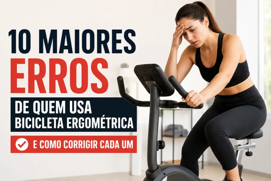 Mulher treinando em bicicleta ergométrica em casa, com expressão de cansaço, ao lado do texto “10 maiores erros de quem usa bicicleta ergométrica”.