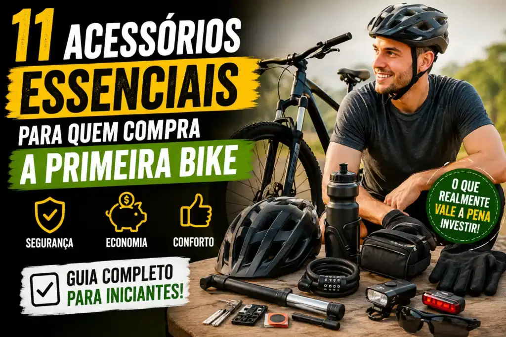 Acessórios Essenciais para Quem Compra a Primeira Bike: capacete, iluminação, cadeado, bomba de ar, bolsa de selim e outros equipamentos para pedalar com segurança e conforto