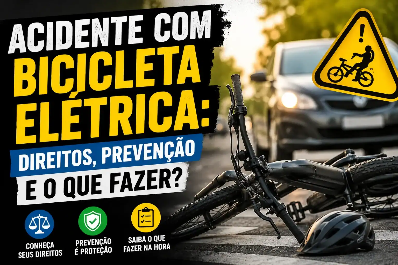 Acidente com bicicleta elétrica em via urbana, mostrando uma e-bike caída no asfalto, um carro ao fundo e destaque para informações sobre direitos do ciclista, prevenção de acidentes e procedimentos após uma colisão