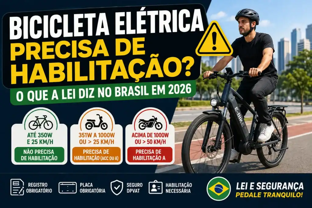 Thumbnail sobre a legislação brasileira para bicicletas elétricas, mostrando um ciclista em uma e-bike e informações visuais sobre quando é necessário habilitação, placa e registro conforme a potência e a velocidade do veículo.