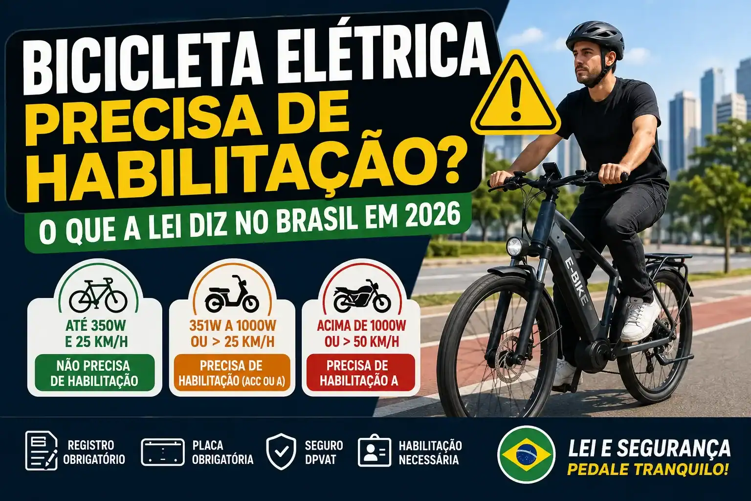 Thumbnail sobre a legislação brasileira para bicicletas elétricas, mostrando um ciclista em uma e-bike e informações visuais sobre quando é necessário habilitação, placa e registro conforme a potência e a velocidade do veículo.