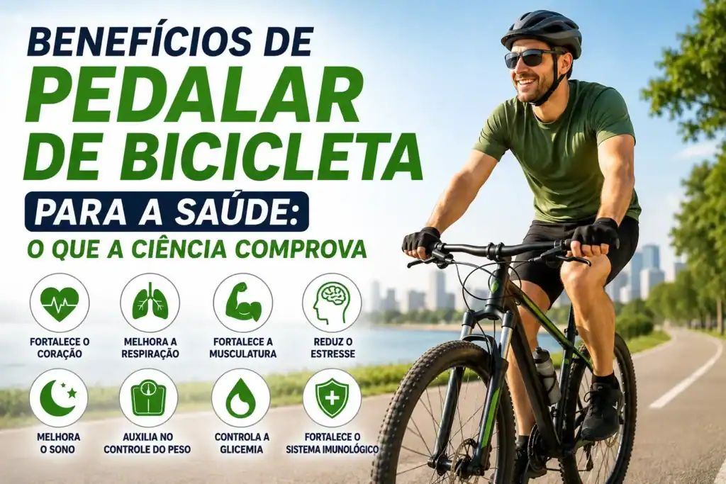 Homem pedalando uma bicicleta em ciclovia ao ar livre, representando os benefícios de pedalar para a saúde, como fortalecimento do coração, melhora da respiração, redução do estresse e controle do peso.
