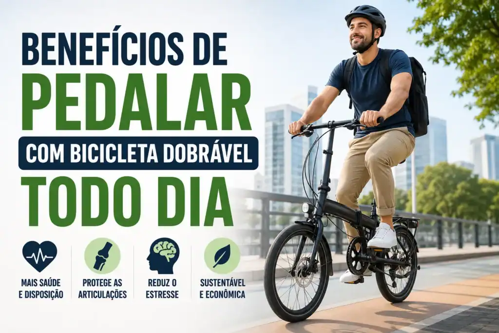 Homem adulto pedalando uma bicicleta dobrável em uma ciclovia urbana durante o dia, representando os benefícios de pedalar diariamente, como melhora da saúde, proteção das articulações, redução do estresse e mobilidade sustentável.