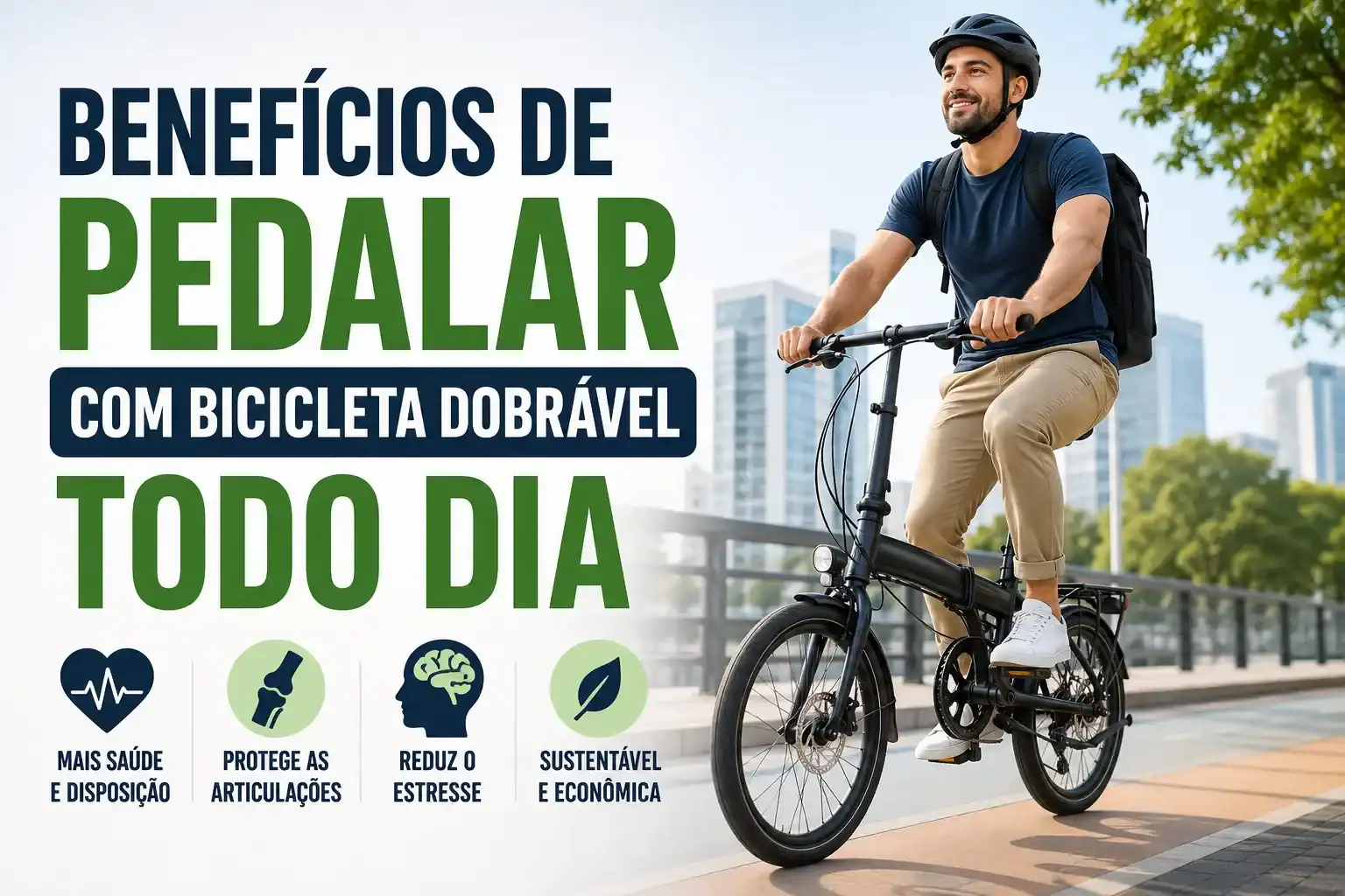 Homem adulto pedalando uma bicicleta dobrável em uma ciclovia urbana durante o dia, representando os benefícios de pedalar diariamente, como melhora da saúde, proteção das articulações, redução do estresse e mobilidade sustentável.