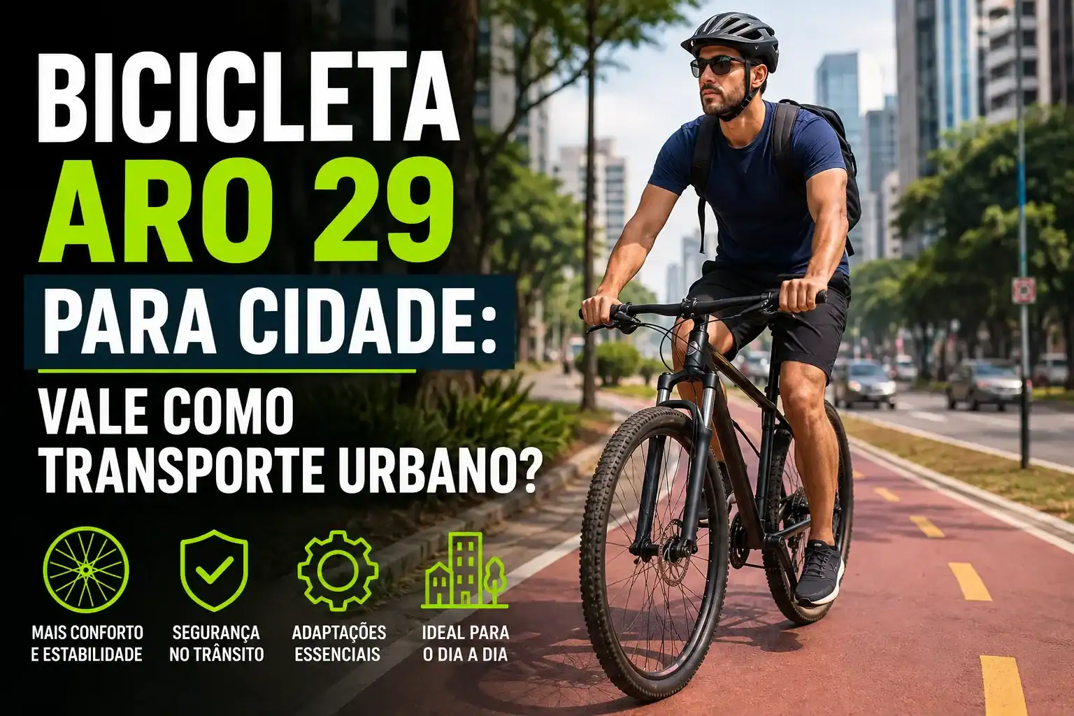 Homem pedalando uma bicicleta aro 29 em uma ciclovia urbana, cercado por prédios e árvores, ilustrando o uso da bicicleta como meio de transporte na cidade.