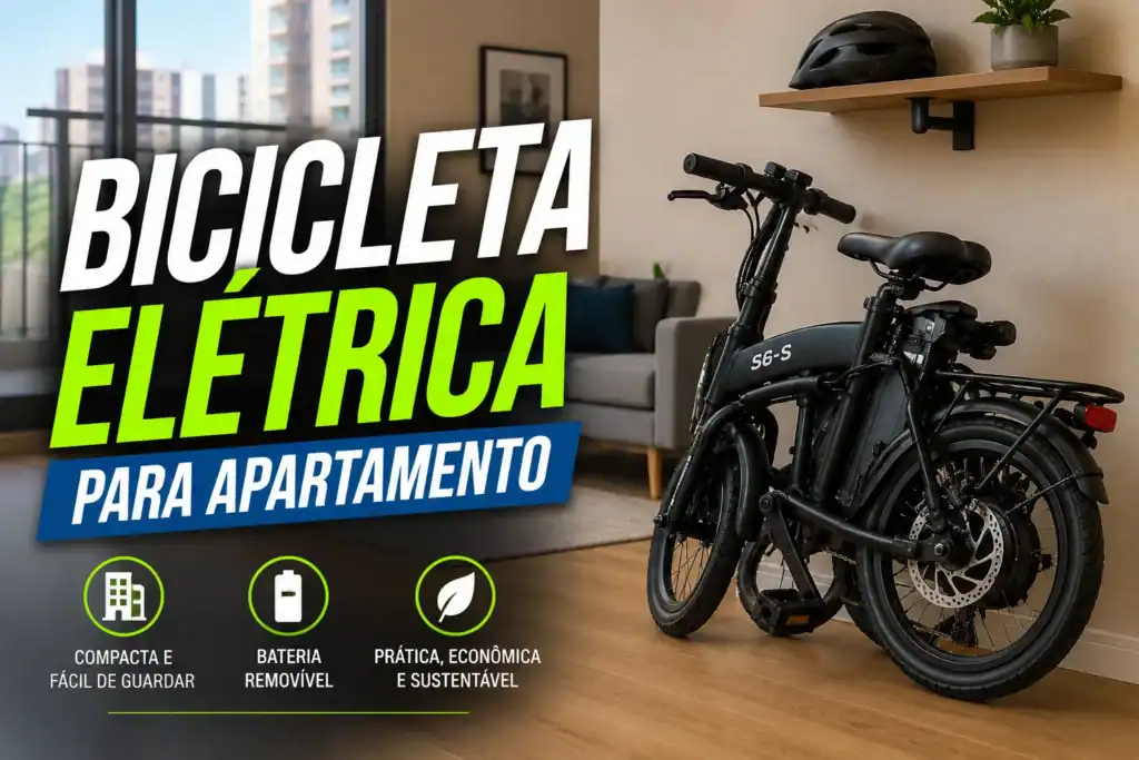 Bicicleta elétrica para apartamento em ambiente residencial, com modelo compacto e dobrável