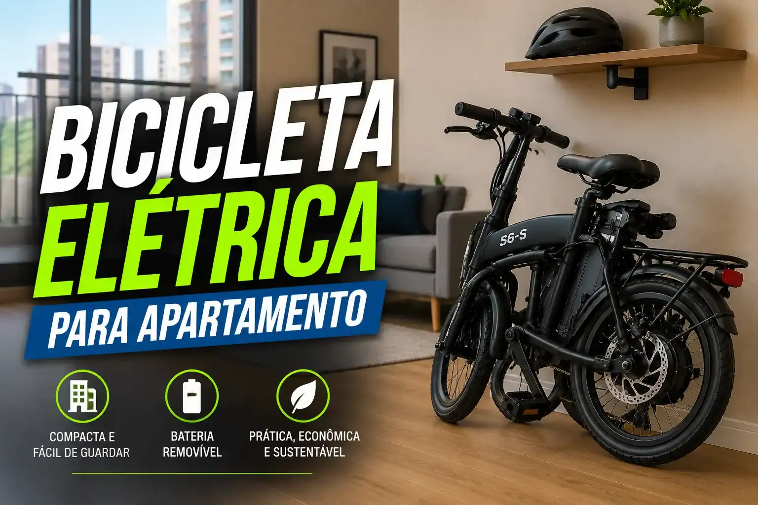 Bicicleta elétrica para apartamento em ambiente residencial, com modelo compacto e dobrável