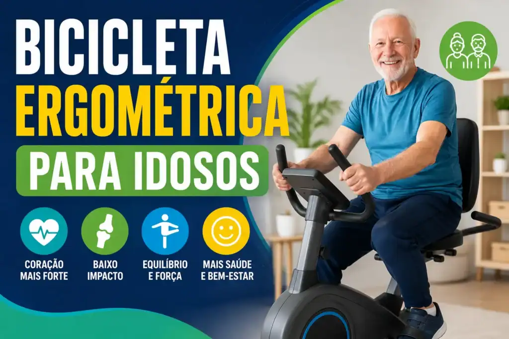 Idoso sorridente utilizando uma bicicleta ergométrica em casa, com o título "Bicicleta Ergométrica para Idosos", destacando os benefícios do exercício físico para a saúde cardiovascular, equilíbrio, baixo impacto e qualidade de vida na terceira idade.