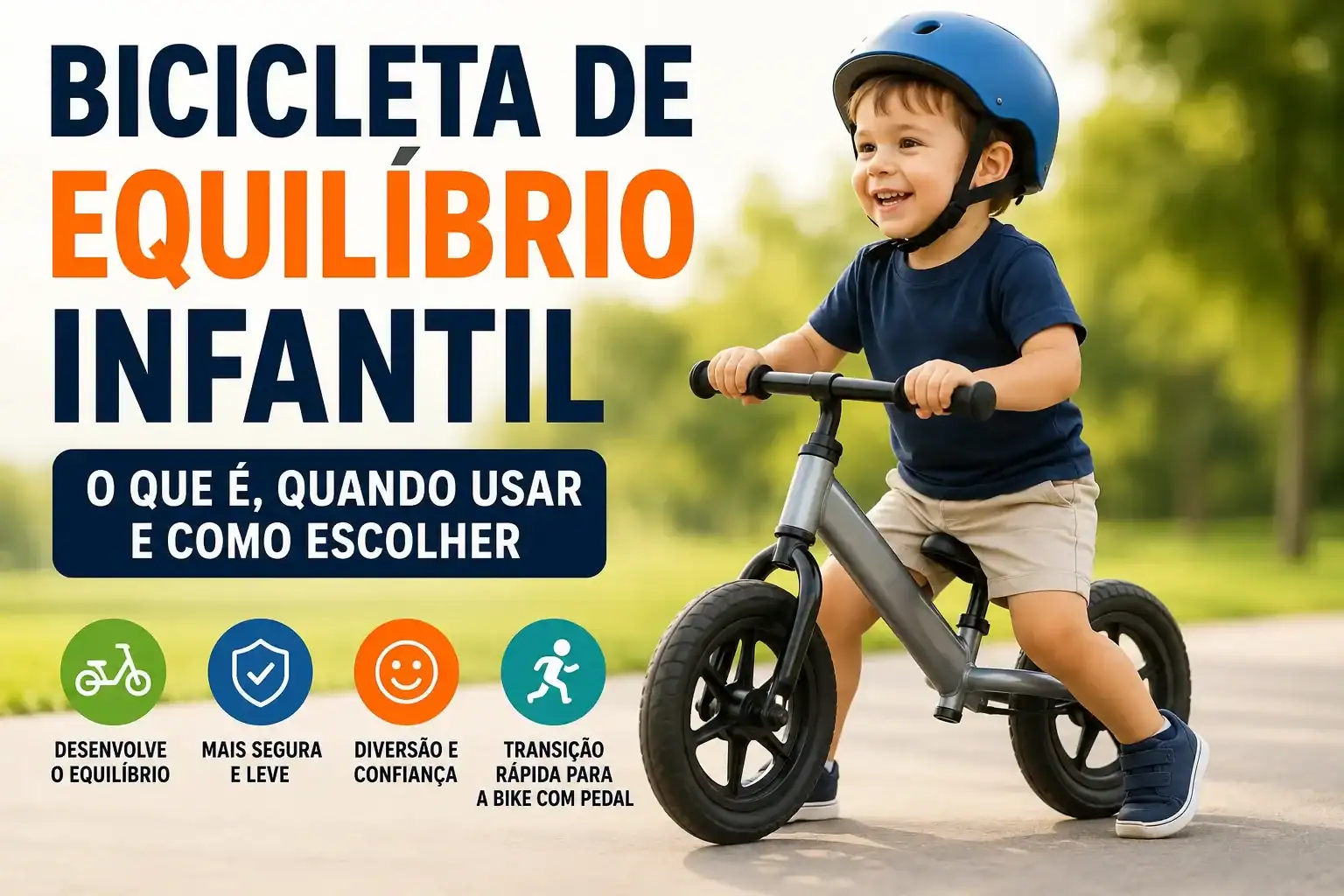 Criança sorrindo usando capacete enquanto anda em uma bicicleta de equilíbrio infantil sem pedais em um parque. A imagem destaca o aprendizado do equilíbrio e traz o título "Bicicleta de Equilíbrio Infantil: O que é, quando usar e como escolher".