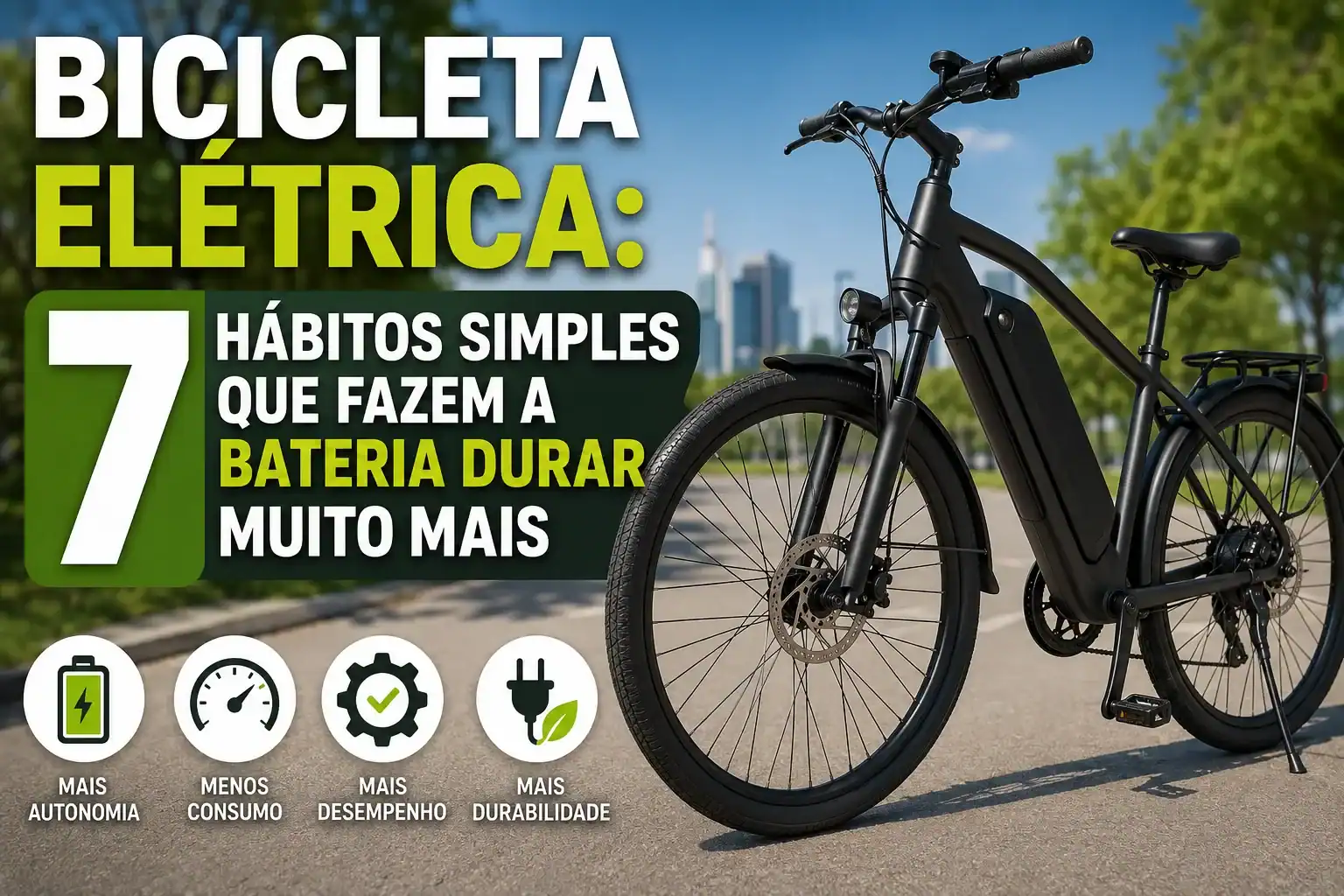Bicicleta elétrica moderna estacionada em uma ciclovia de parque urbano, destacando dicas para aumentar a autonomia da bateria, reduzir o consumo de energia e prolongar a vida útil do equipamento.