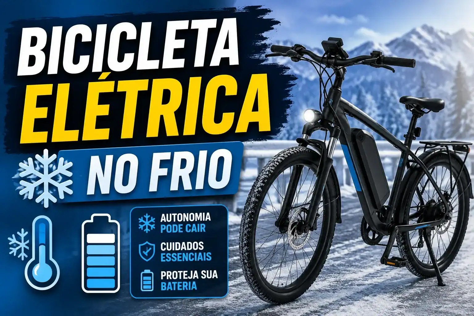 Bicicleta elétrica em uma estrada coberta de neve durante o inverno, com destaque para a bateria e elementos gráficos sobre autonomia, frio e cuidados para proteger a e-bike em baixas temperaturas.