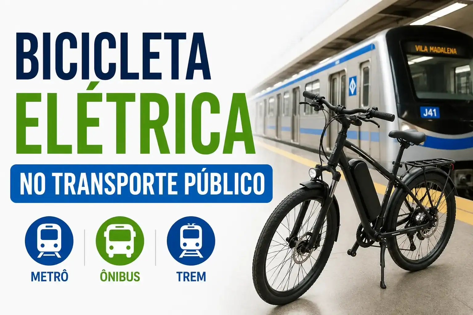 Bicicleta elétrica estacionada em uma plataforma de metrô com trem ao fundo, ilustrando o uso da e-bike integrada ao transporte público para deslocamentos urbanos