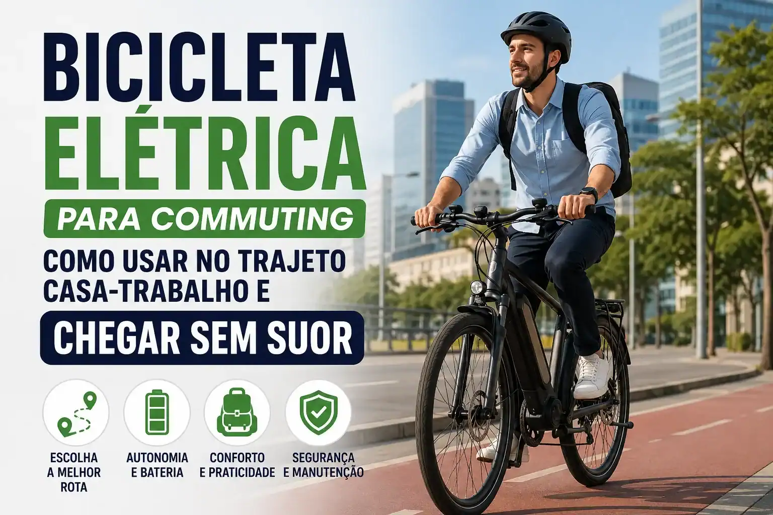 Homem utilizando uma bicicleta elétrica em uma ciclovia urbana durante o trajeto para o trabalho, usando capacete e mochila, com prédios modernos ao fundo. A imagem representa o commuting com e-bike, destacando mobilidade urbana, conforto, economia e a possibilidade de chegar ao trabalho sem suor.