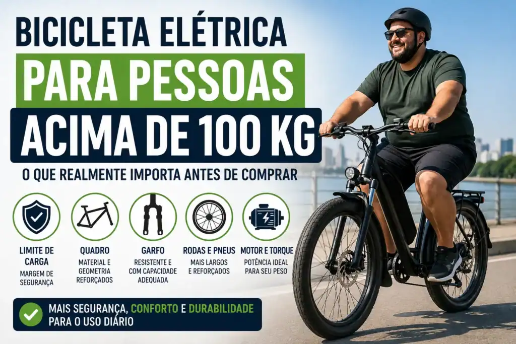 Homem adulto acima de 100 kg pedalando uma bicicleta elétrica preta em uma ciclovia, ilustrando um guia sobre como escolher uma e-bike segura para pessoas de maior porte, com destaque para limite de carga, quadro reforçado, rodas resistentes e motor adequado.