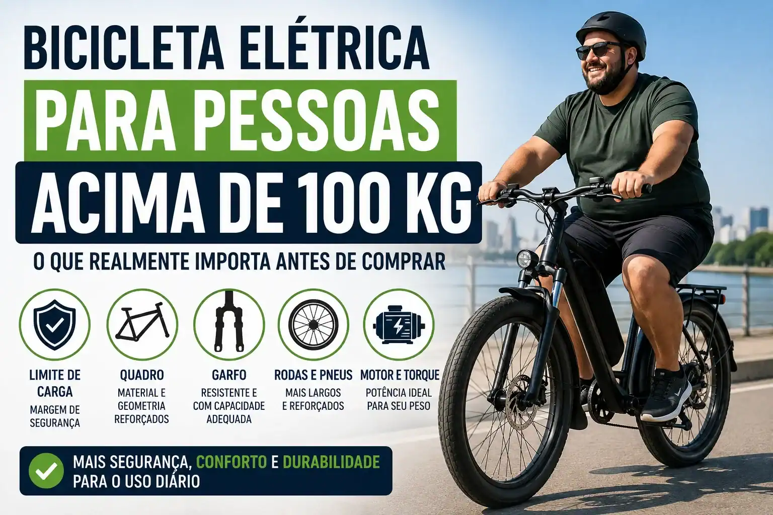 Homem adulto acima de 100 kg pedalando uma bicicleta elétrica preta em uma ciclovia, ilustrando um guia sobre como escolher uma e-bike segura para pessoas de maior porte, com destaque para limite de carga, quadro reforçado, rodas resistentes e motor adequado.