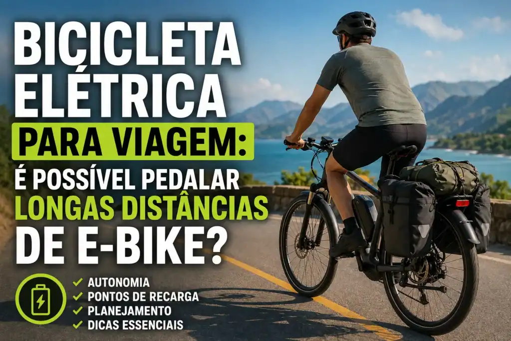 Ciclista pedalando uma bicicleta elétrica equipada com alforjas em uma estrada panorâmica durante uma viagem de cicloturismo, destacando a possibilidade de percorrer longas distâncias com planejamento, autonomia de bateria e pontos de recarga.