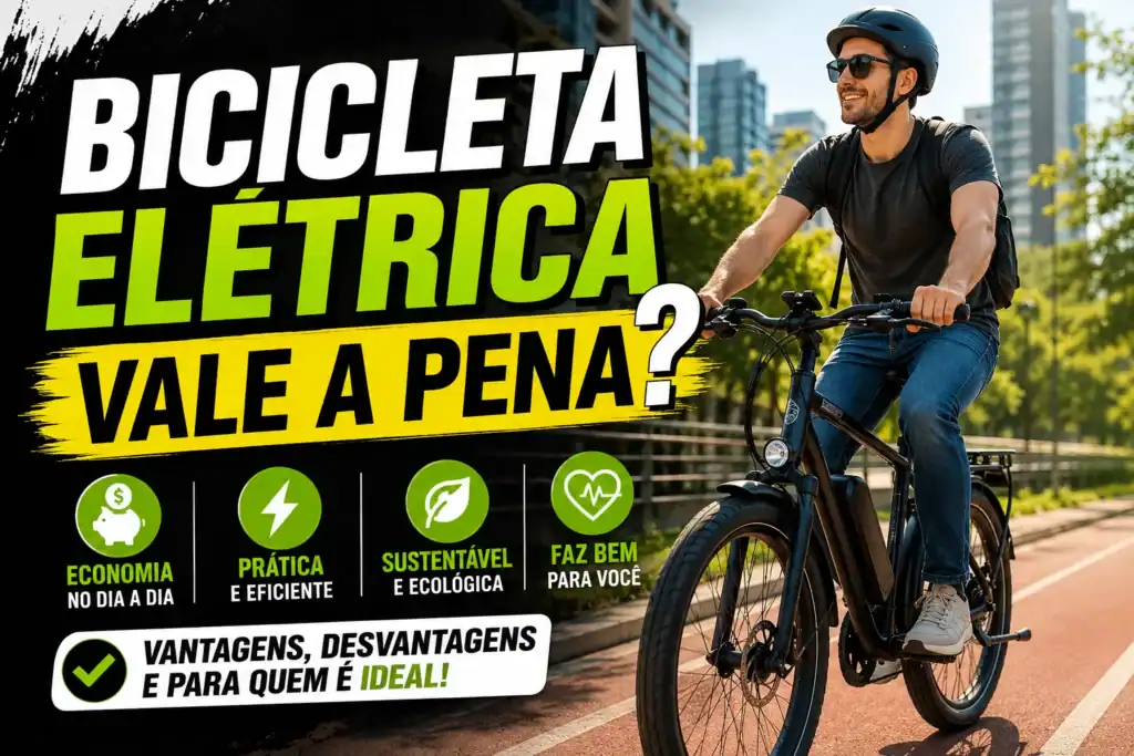 Homem pedalando uma bicicleta elétrica em uma ciclovia urbana com prédios ao fundo. A imagem destaca a pergunta “Bicicleta elétrica vale a pena?” e apresenta os principais benefícios da e-bike, como economia, praticidade, sustentabilidade e saúde, ilustrando um meio de transporte moderno e eficiente para o dia a dia