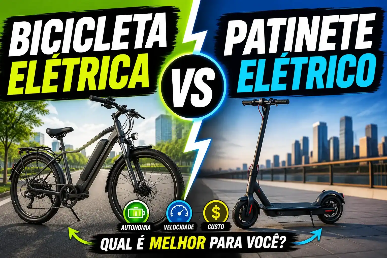 Comparação entre bicicleta elétrica e patinete elétrico com destaque para autonomia, velocidade, custo e desempenho, ilustrando as principais diferenças para a mobilidade urbana