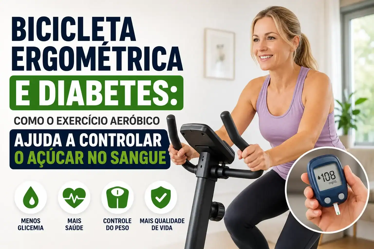 Mulher loira pedalando em uma bicicleta ergométrica enquanto monitora o controle do diabetes por meio do exercício aeróbico, ilustrando os benefícios da atividade física para reduzir a glicemia, melhorar a sensibilidade à insulina e promover mais saúde cardiovascular.