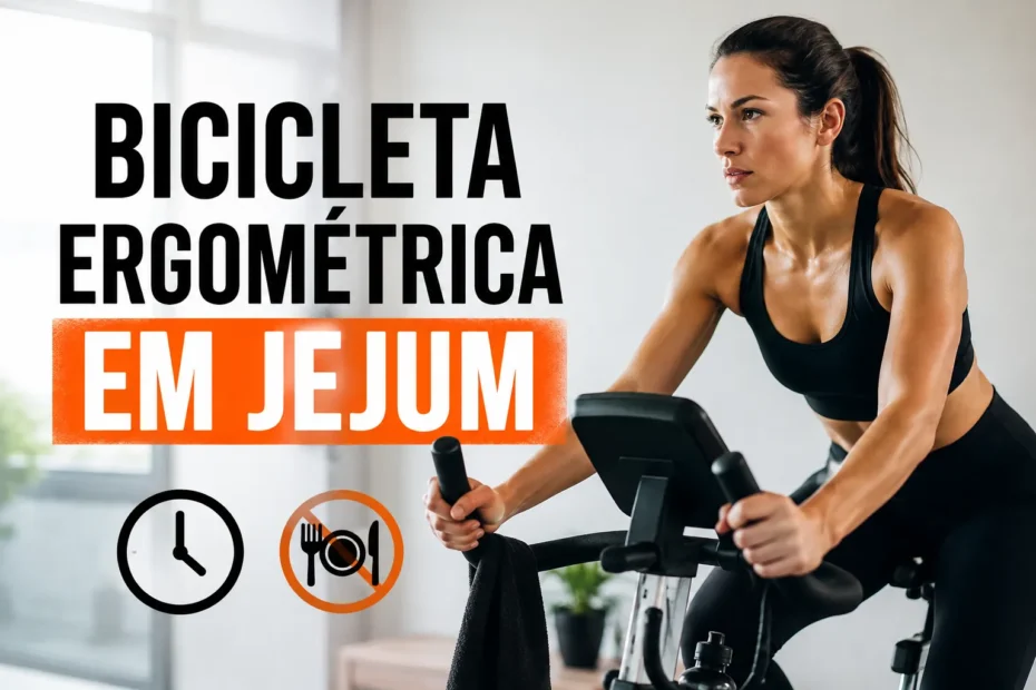 Mulher pedalando em bicicleta ergométrica durante treino em jejum, com o título “Bicicleta Ergométrica em Jejum” em destaque.
