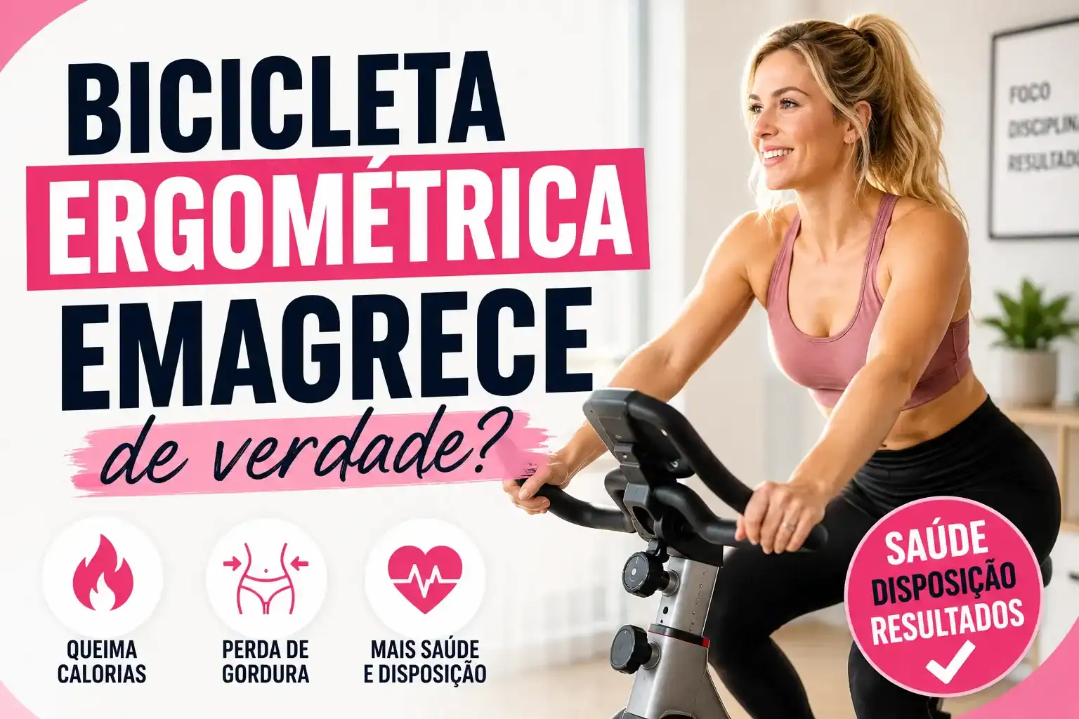 Mulher loira pedalando em uma bicicleta ergométrica em ambiente interno, com o título "Bicicleta ergométrica emagrece de verdade?" em destaque, ilustrando um artigo sobre emagrecimento, queima de calorias e benefícios do exercício físico.