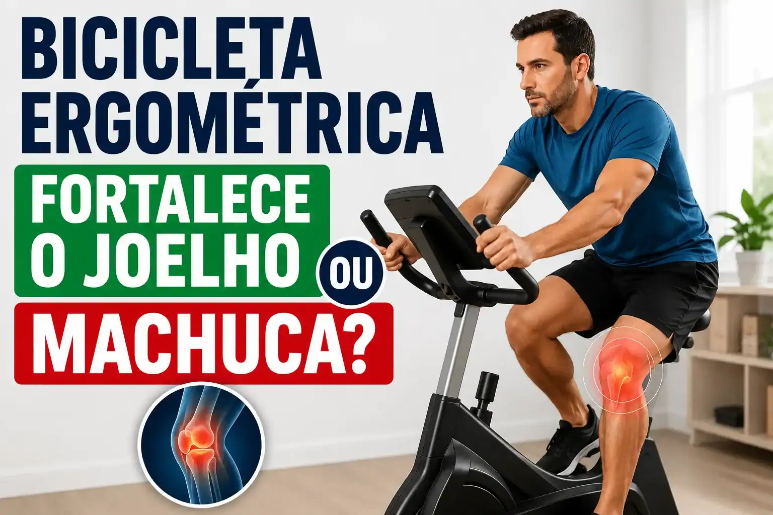 Homem adulto pedalando em uma bicicleta ergométrica com destaque visual no joelho, ilustrando os benefícios e os cuidados do exercício para fortalecer a articulação e evitar lesões.