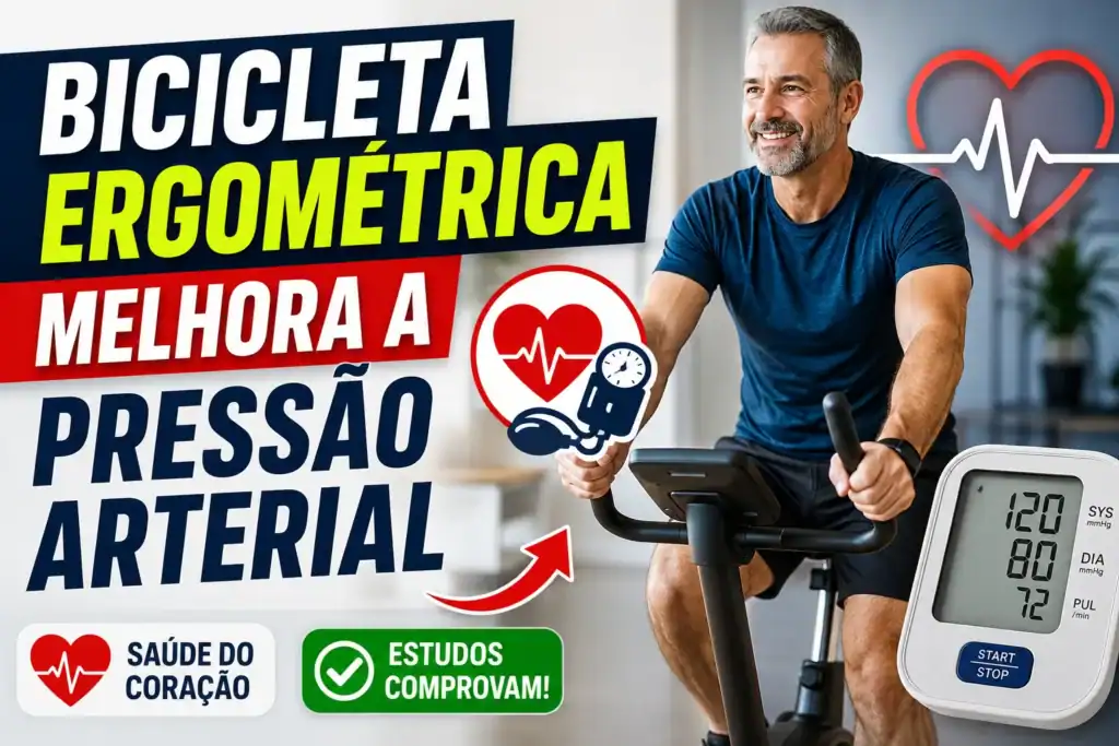 Homem pedalando em uma bicicleta ergométrica com ícones de coração e medidor de pressão arterial ao lado. A imagem destaca o título “Bicicleta ergométrica melhora a pressão arterial” e representa os benefícios do exercício aeróbico para a saúde cardiovascular e o controle da hipertensão.