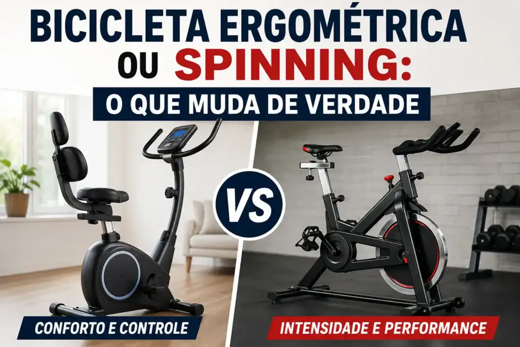 Comparação entre bicicleta ergométrica e bicicleta de spinning lado a lado, destacando conforto, controle, intensidade e performance para ajudar na escolha do equipamento ideal para treinos em casa.