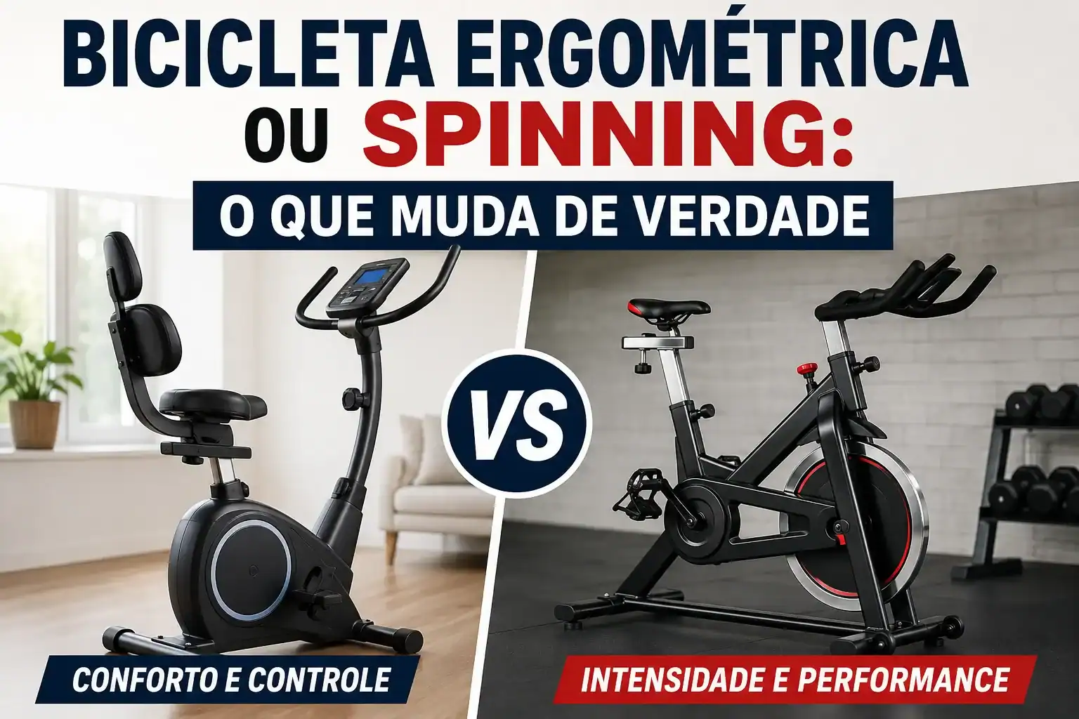 Comparação entre bicicleta ergométrica e bicicleta de spinning lado a lado, destacando conforto, controle, intensidade e performance para ajudar na escolha do equipamento ideal para treinos em casa.