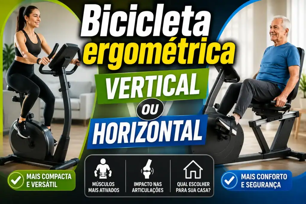 Comparação entre bicicleta ergométrica vertical e horizontal, mostrando os dois modelos lado a lado, com destaque para conforto, espaço ocupado e diferenças de uso para treinos em casa.
