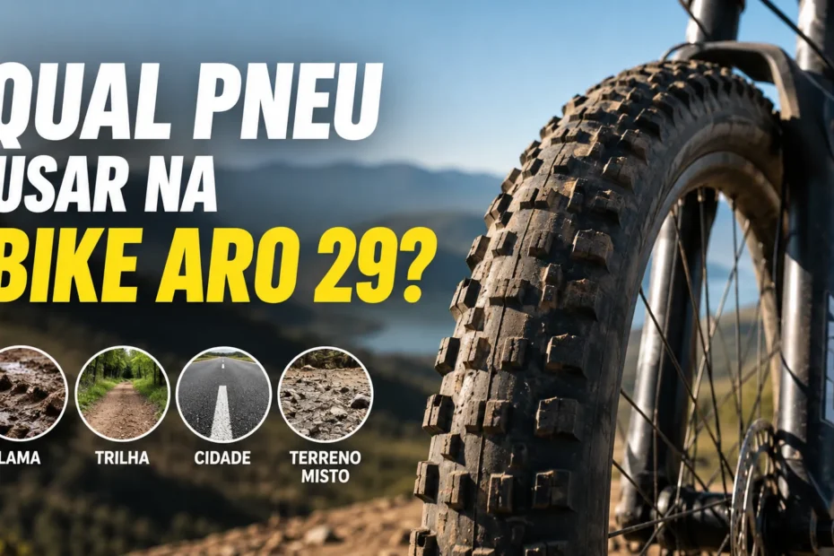 Pneu de bicicleta aro 29 com cravos para diferentes tipos de terreno, como lama, trilha, cidade e terreno misto.