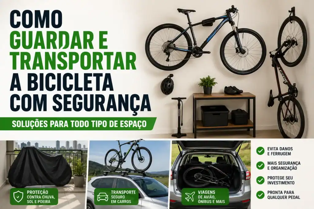 Bicicleta armazenada em suportes de parede e exemplos de transporte seguro em carro e com capa protetora, ilustrando diferentes formas de guardar e transportar a bicicleta com segurança em espaços pequenos e durante viagens.