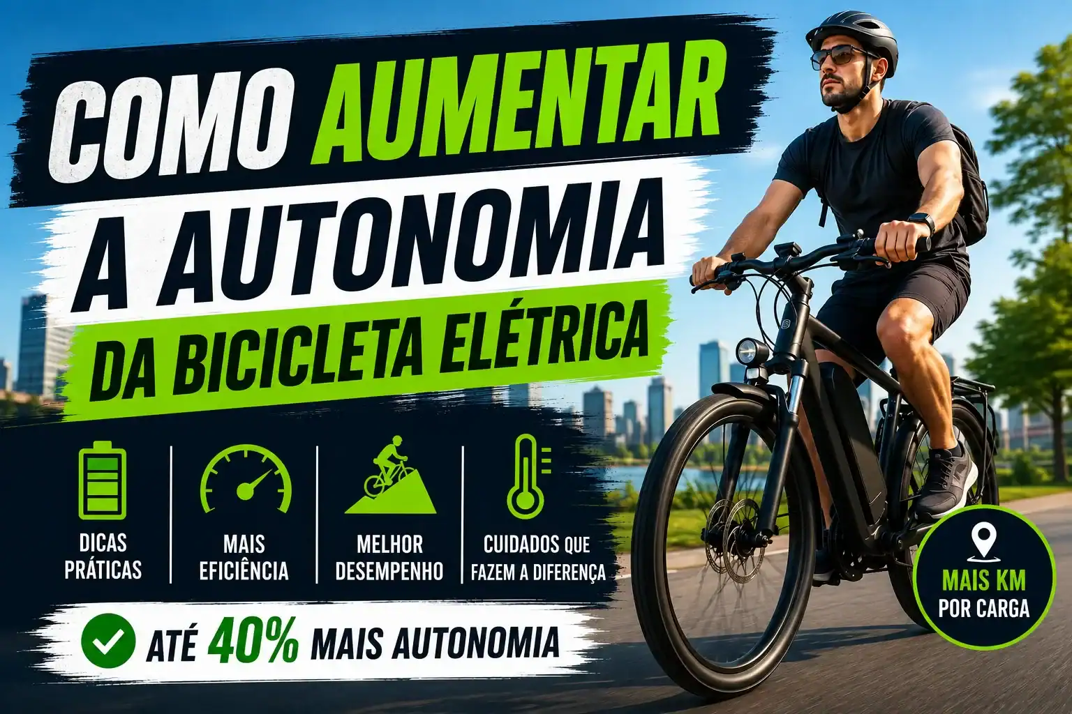 Ciclista utilizando uma bicicleta elétrica em área urbana com destaque para dicas de como aumentar a autonomia da bateria, melhorar a eficiência da e-bike e percorrer mais quilômetros por carga