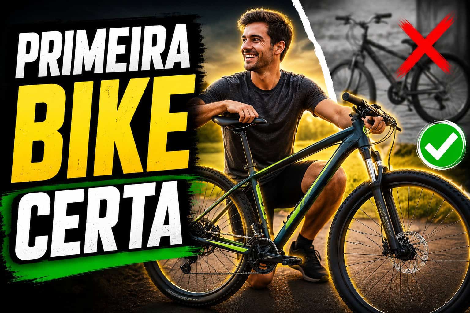 Homem sorrindo ao lado de uma bicicleta de mountain bike destacando a escolha da primeira bicicleta ideal para iniciantes