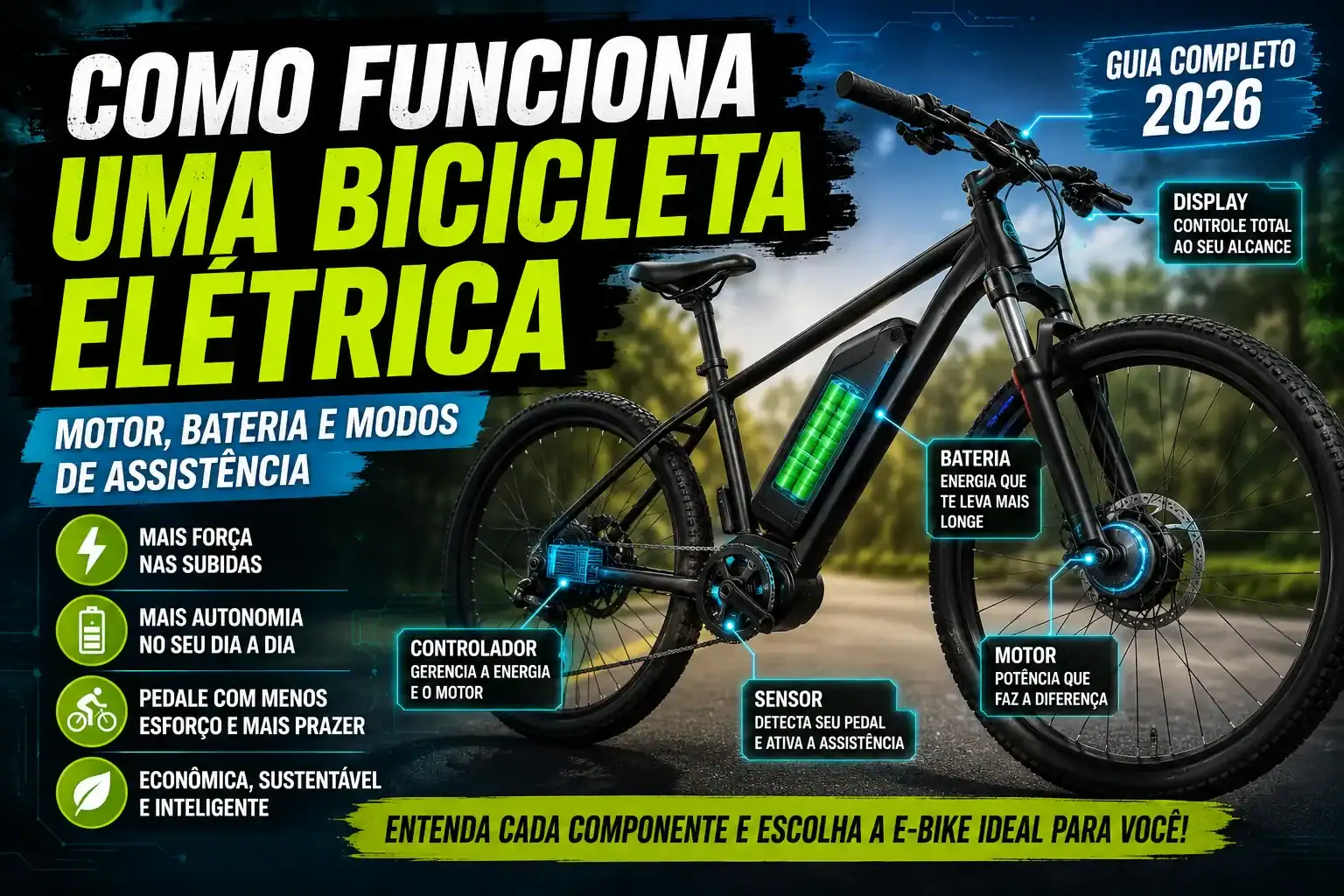 Como funciona uma bicicleta elétrica com destaque para motor, bateria, sensor, controlador e modos de assistência em uma e-bike moderna.