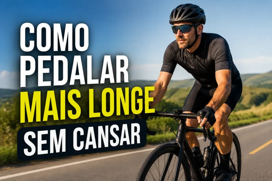 Ciclista pedalando em estrada cercada por paisagens verdes com o título “Como pedalar mais longe sem cansar”.