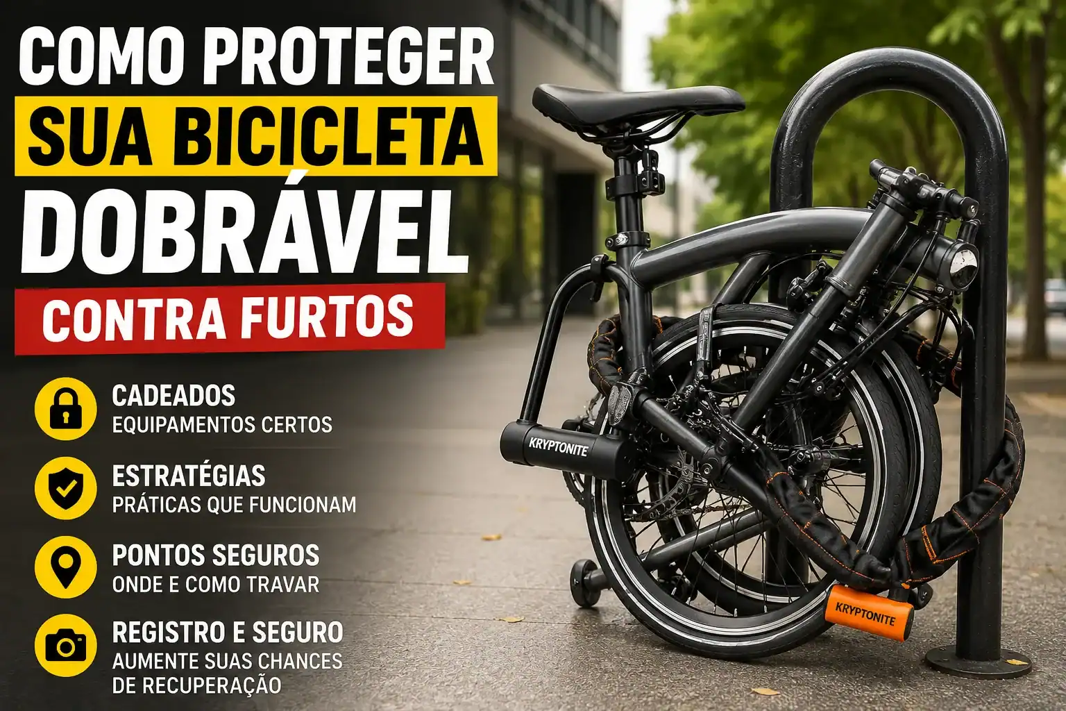 Bicicleta dobrável presa com cadeado U-lock e corrente em um paraciclo, ilustrando estratégias de segurança para proteger a bicicleta contra furtos em áreas urbanas.