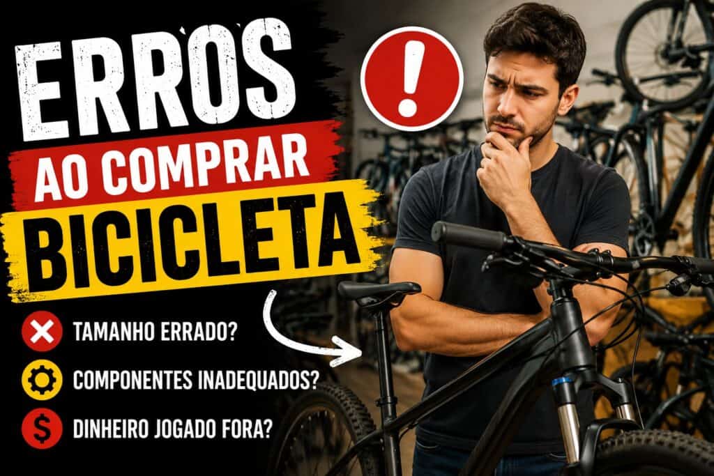 Erros ao comprar bicicleta: ciclista analisando a primeira bike para evitar escolher bicicleta apenas pelo preço e comprar bicicleta do tamanho errado.