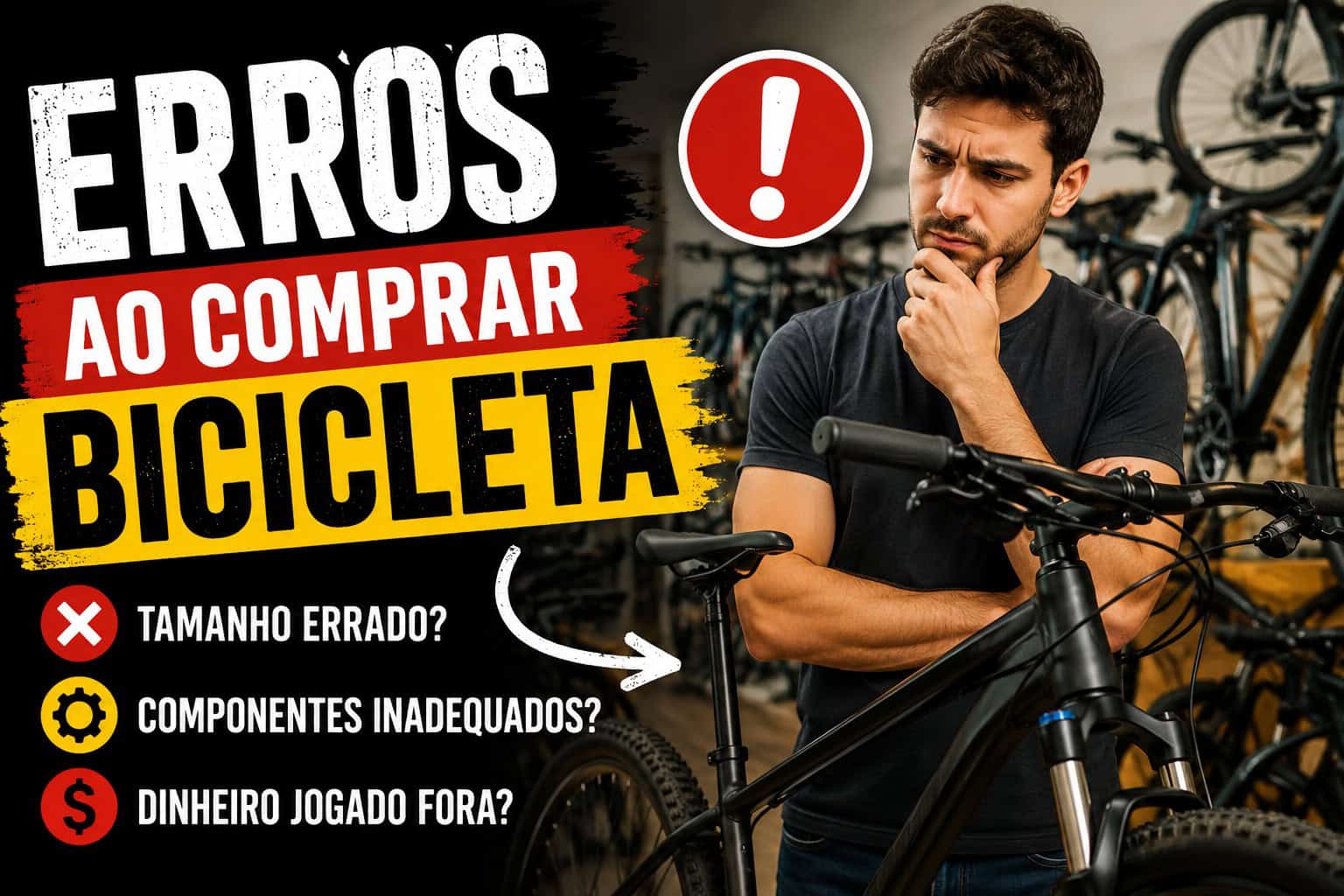 Erros ao comprar bicicleta: ciclista analisando a primeira bike para evitar escolher bicicleta apenas pelo preço e comprar bicicleta do tamanho errado.