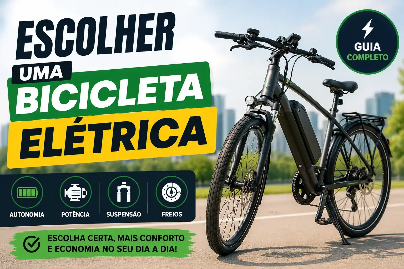 Escolher uma bicicleta elétrica: thumbnail ilustrando uma e-bike moderna com destaque para autonomia, potência, suspensão e freios, guia completo para comprar a melhor bicicleta elétrica com segurança e custo-benefício
