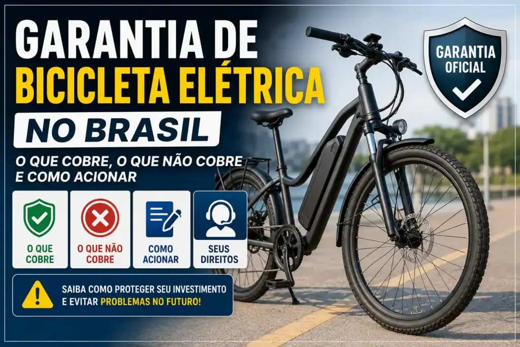 Garantia de bicicleta elétrica no Brasil com e-bike moderna ao lado de um selo de garantia oficial, destacando o que a garantia cobre, o que não cobre, como acioná-la e os direitos do consumidor.