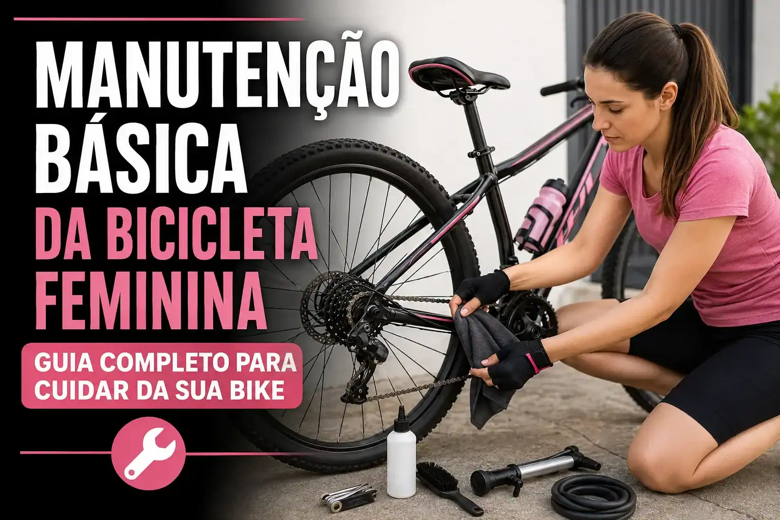 Mulher realizando a manutenção básica de uma bicicleta feminina, limpando e lubrificando a corrente com ferramentas de manutenção ao lado, ilustrando os principais cuidados para aumentar a segurança e a durabilidade da bicicleta.