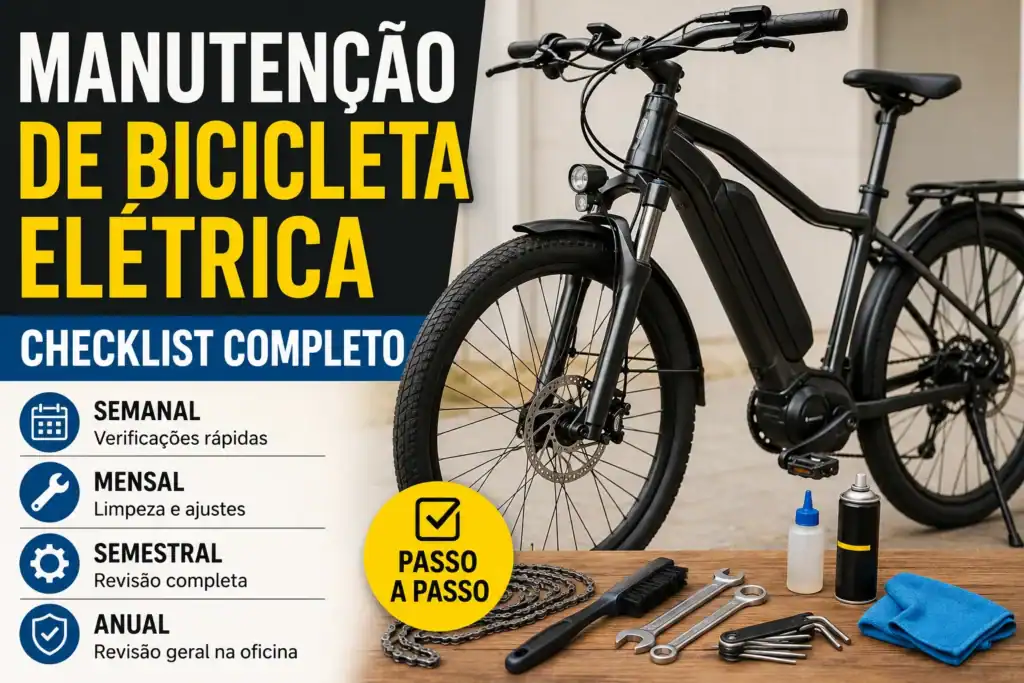 Bicicleta elétrica preta com ferramentas de manutenção sobre uma bancada e o título "Manutenção de Bicicleta Elétrica – Checklist Completo", representando um guia passo a passo para realizar inspeções, limpeza e revisões preventivas em uma e-bike.