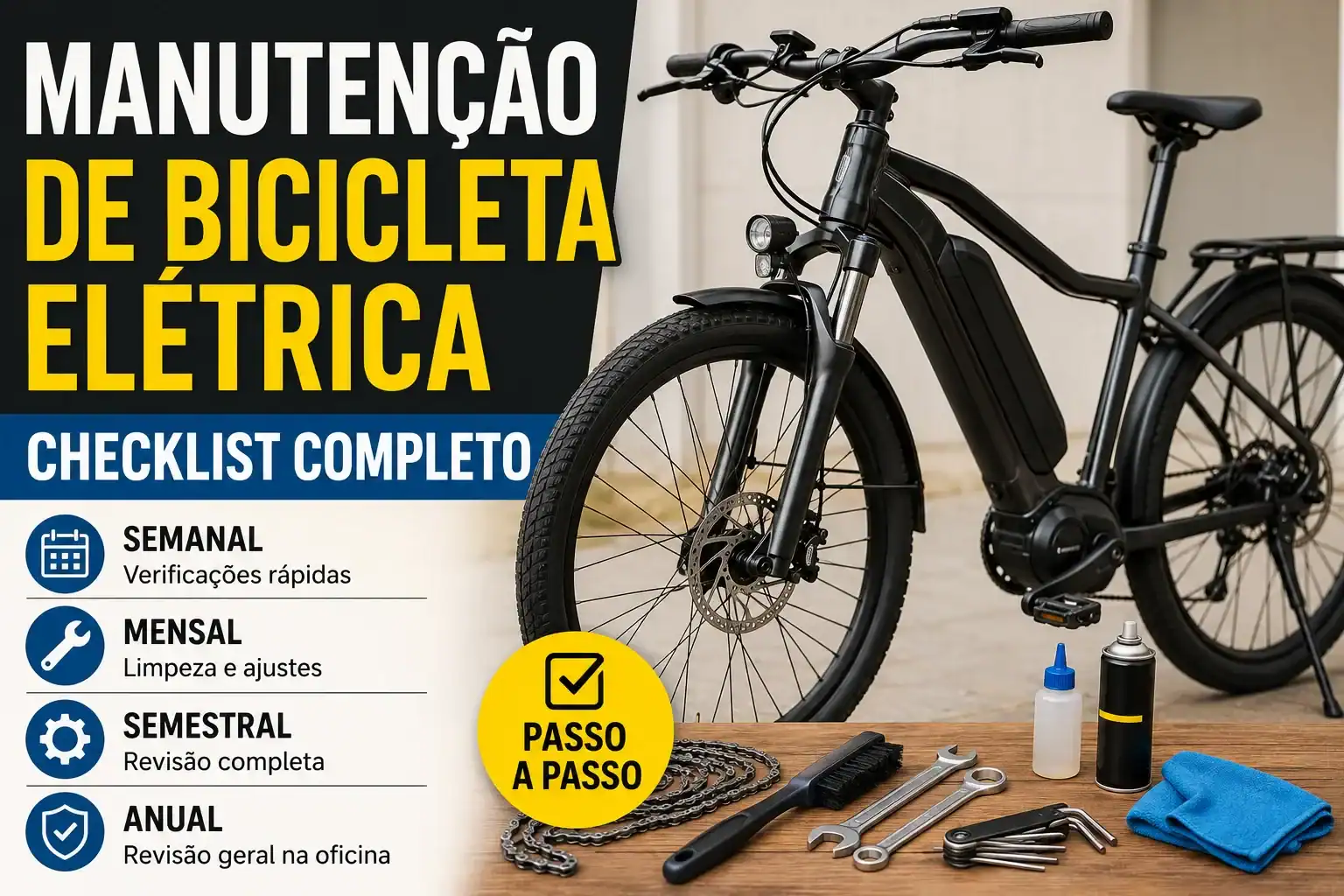 Bicicleta elétrica preta com ferramentas de manutenção sobre uma bancada e o título "Manutenção de Bicicleta Elétrica – Checklist Completo", representando um guia passo a passo para realizar inspeções, limpeza e revisões preventivas em uma e-bike.