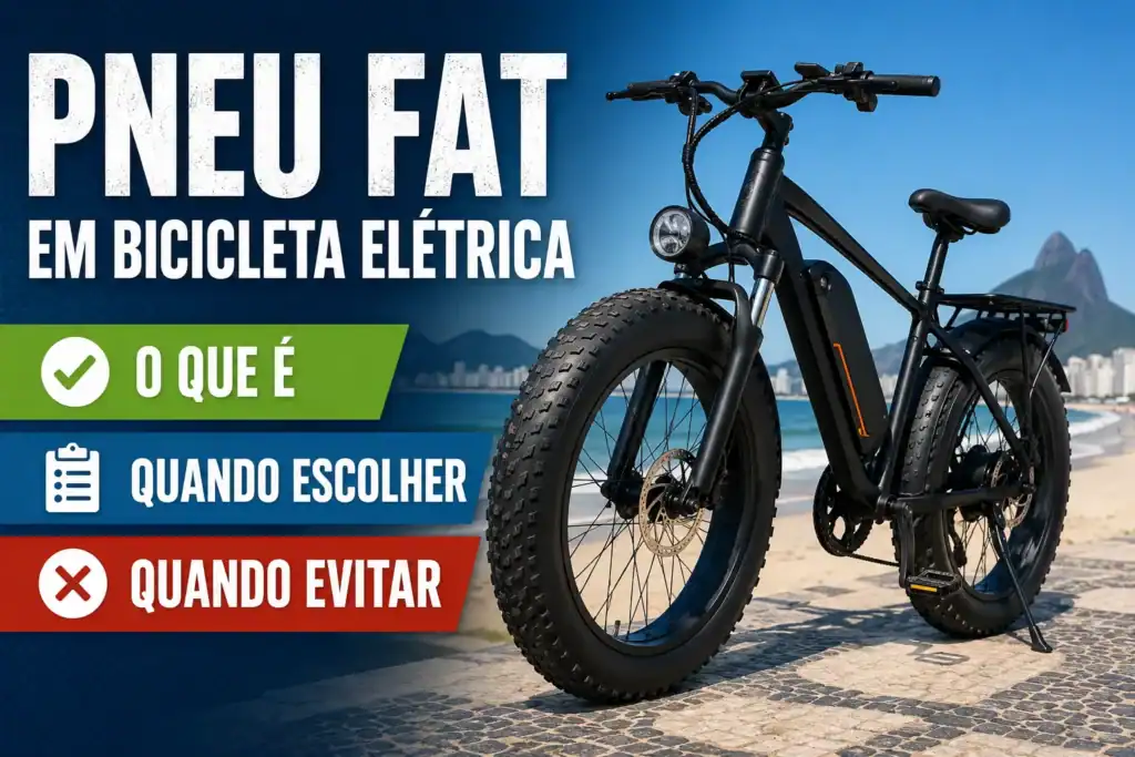 Bicicleta elétrica com pneus fat estacionada em um calçadão à beira-mar, destacando os pneus largos e o título "Pneu Fat em Bicicleta Elétrica", ilustrando quando esse tipo de pneu é indicado e quando deve ser evitado.
