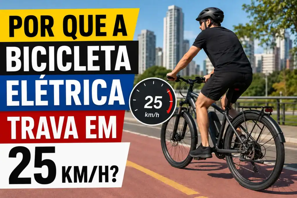 Homem pedalando uma bicicleta elétrica em área urbana com destaque para o limite de assistência de 25 km/h e o título "Por que a bicicleta elétrica trava em 25 km/h?".