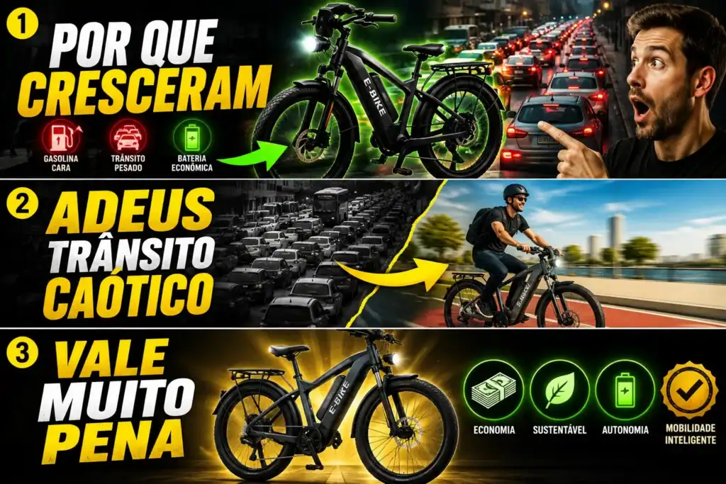 Bicicleta elétrica em destaque com ícones de economia, bateria e sustentabilidade, reforçando as vantagens da mobilidade elétrica urbana