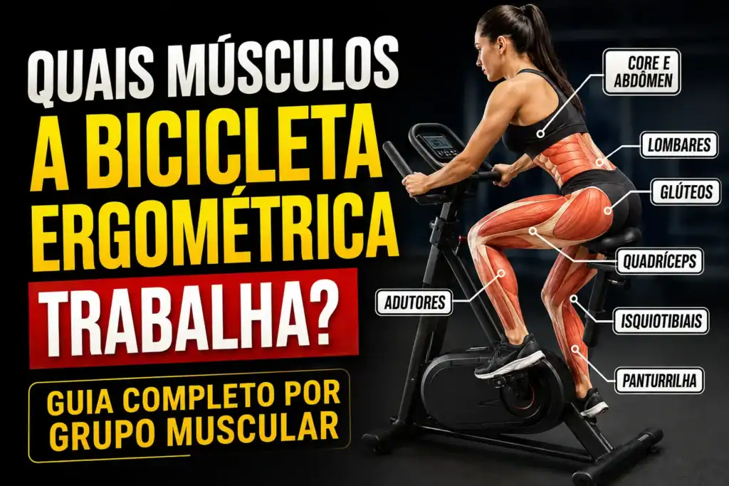Pessoa pedalando em uma bicicleta ergométrica com destaque visual para os principais músculos trabalhados durante o exercício, como quadríceps, glúteos, panturrilhas, isquiotibiais, abdômen e lombares.
