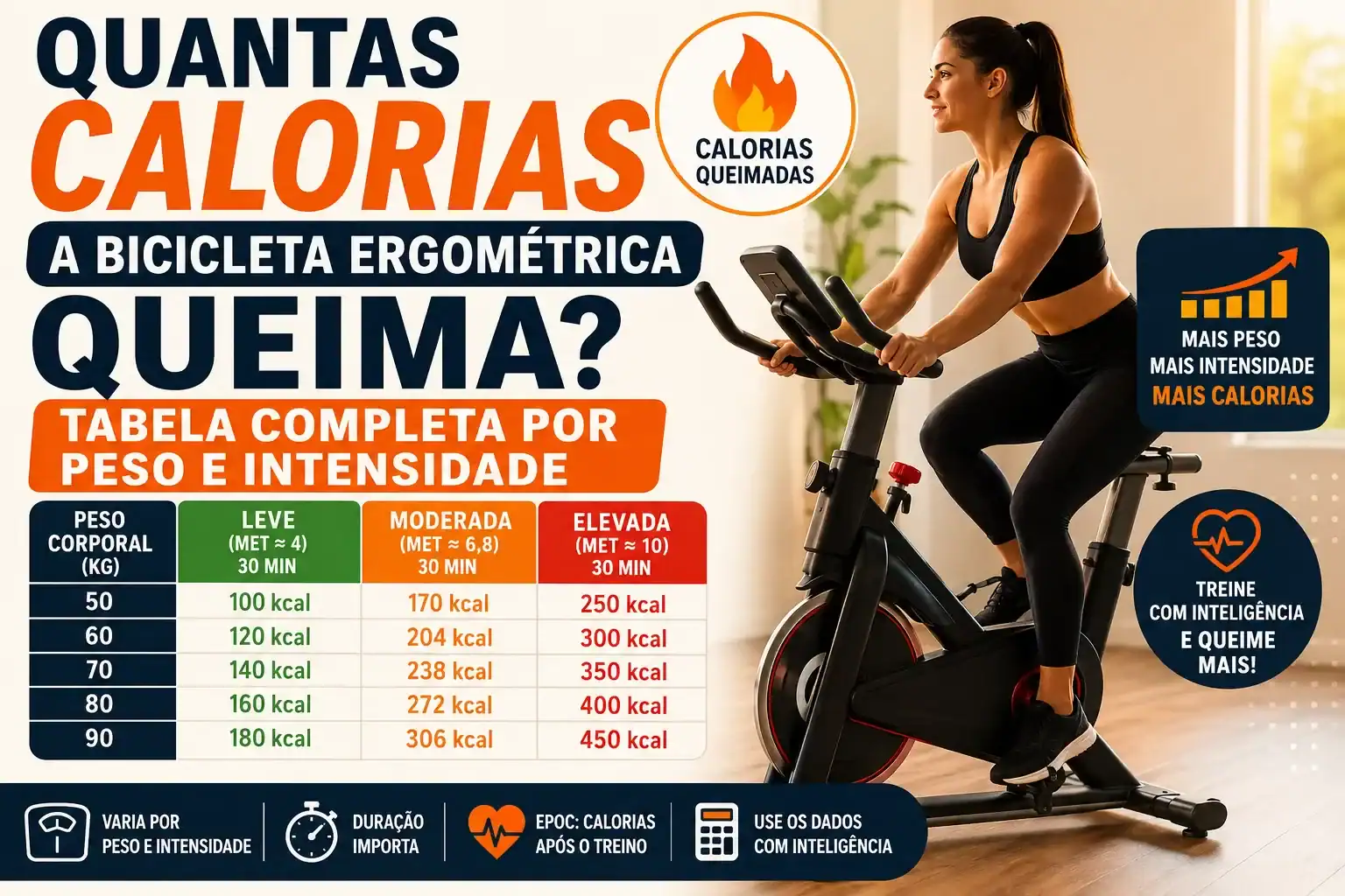 Pessoa pedalando em uma bicicleta ergométrica ao lado de uma tabela ilustrando quantas calorias são queimadas conforme o peso corporal e a intensidade do treino.