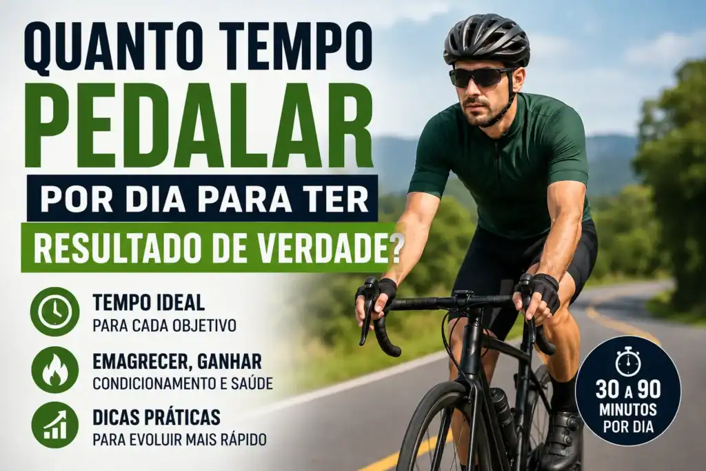 Ciclista pedalando em estrada durante o dia, ilustrando quanto tempo pedalar por dia para obter resultados em emagrecimento, condicionamento físico e saúde, com destaque para a recomendação de 30 a 90 minutos diários.